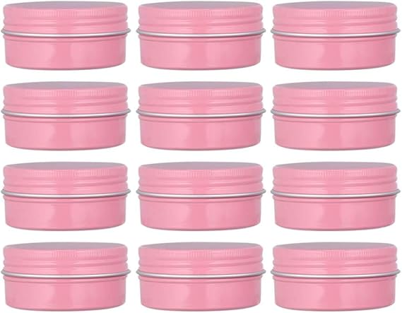 12 Pack 2 Oz Pink Round Aluminum Tin Cans Metal Steel Tins with Screw Top Lids Travel Storage Tins Cosmetic Sample Containers Jars for Lip Balm Salve Spice Candies Crafts Tea(60ml)