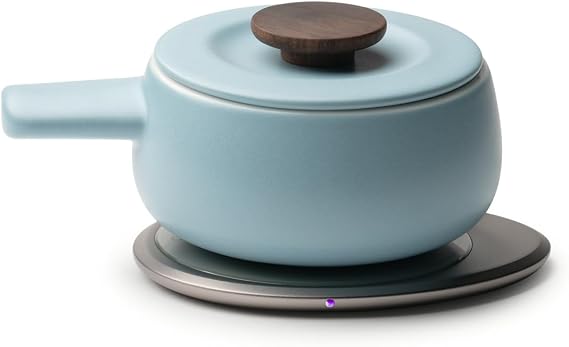 Fondi Self-Heating Ceramic Fondue Set Moonmist Blue | 7.6 fl oz / 225 mL Self-Heating Cheese & Chocolate Fondue with Heating Pad