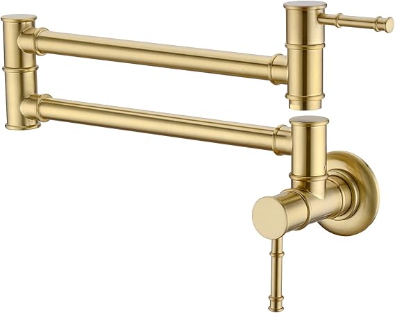 Pot Filler Faucet Wall Mounted Double Joint Swing Arm Single Hole Brushed Gold Two Handles Brass Folding Stretchable Kitchen Faucet