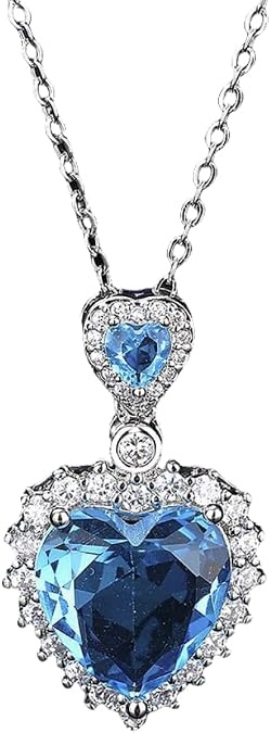 Sterling Silver Heart-Shaped Blue Topaz and Diamond Pendant Necklace for Women