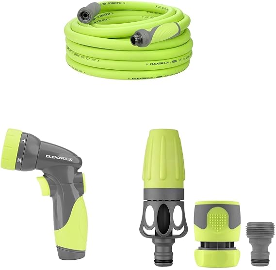 Flexzilla Garden Hose with SwivelGrip, 5/8 in. x 50 ft., Heavy Duty, Lightweight, Drinking Water Safe, ZillaGreen & 6-Pattern Adjustable Garden Hose Nozzle & Garden Hose Nozzle Kit, 3-Piece