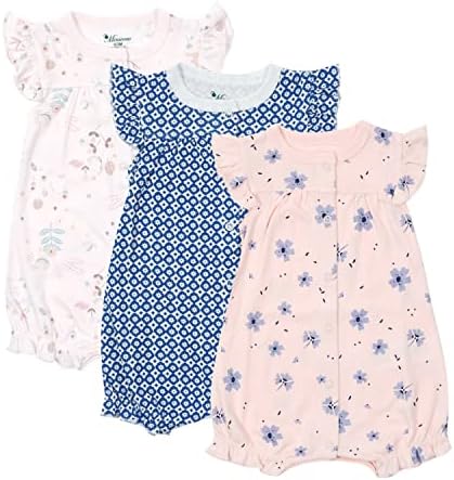 3-pack 100% Cotton Baby Girl Rompers, 0-24 months Ruffle Sleeve Toddler Romper Summer Clothes Set