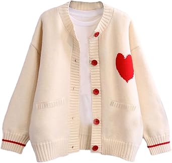 FindThy Womens Cute Cardigan Sweater Kawaii Love Heart Print Y2K Button Knitted Outerwear