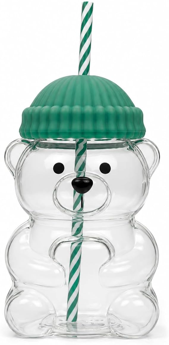 Orret Home 580 ML Ayıcık Desenli Cam Bardak Pipetli Silikon Kapaklı Soğuk Kahve Bardağı Şeffaf Cam Kupa Sevimli Ayıcık Bardak Bubble Tea Smoothie Milkshake Meyve Suyu İçecek Bardağı Çocuk ve Yetişkin