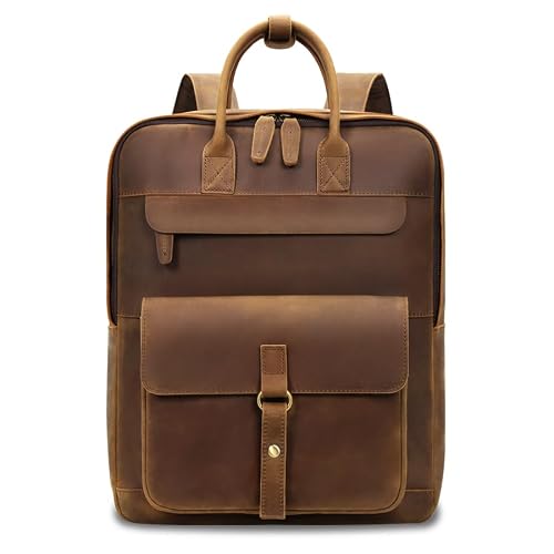Premium Crazy Horse Leather Rucksack Tactical Travel, Military Style Hiking Backpack with Luggage Strap, Large Capacity Multi Compartment, Brown 32x16x40.5cm