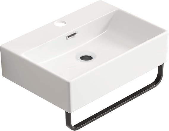 20" x 14" Wall-Mounted Bathroom Sink with Integrated Towel Bar, White Ceramic Floating Vessel Sink for Small Spaces (20"x14")