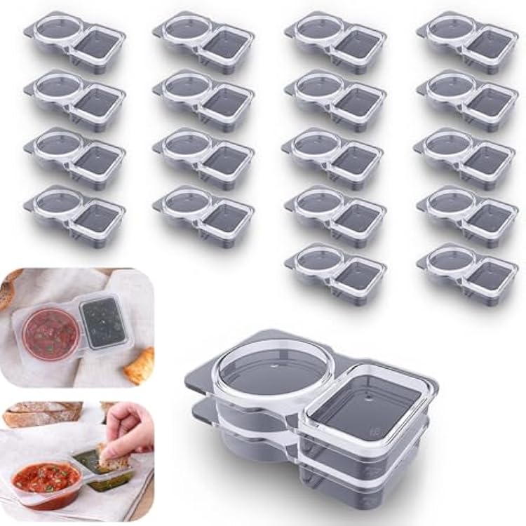 Double Compartment Condiment Container with Lid Double Compartment Snack Containers Double Compartment Snack Containers for to-go Sauce, Sampling, Travel Snack Transparent 20PCS