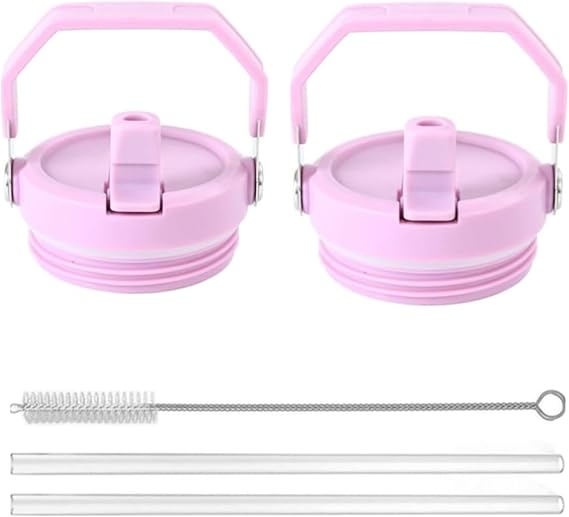 2Pack Replacement Tumbler Lid Fit for Stanley 2.0 Water Bottle 24 oz(Only) Flip Straw Lid with 2Pcs Reusable Straws,Cleaning Brush (Pink)