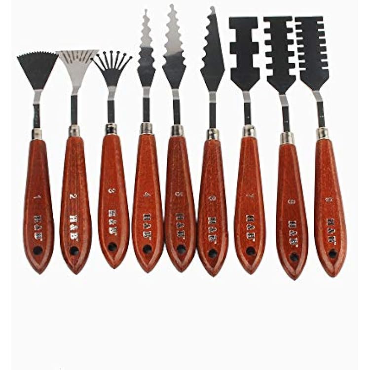 NWFashion Wood Handle Palette Knives 9 Piece Create Texture Spatulas for FX Special Effects Steel Knife 9pcs
