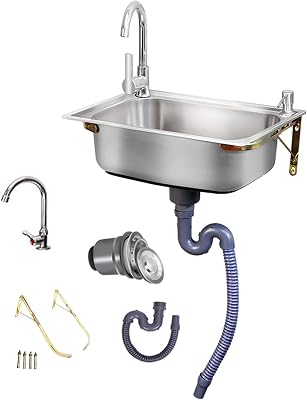 Single Bowl Stainless Steel Commercial Kitchen Sink,Wall Mount Utility Sink with Faucet,Home Simple Laundry Sink,Heavy Duty Hand Washing Basin for Home Restaurant Indoor Outdoor