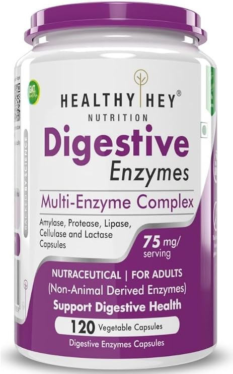 Digestive Enzymes Capsules - Amylase, Lipase, Protease, Multi-Enzyme Complex Tablet -Pack of 120 Vegetable Capsules