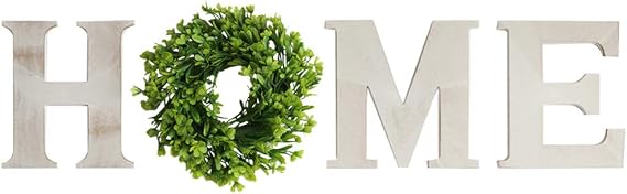 Wooden Home Sign with Wreath as O Home Letters for Wall Decor Rustic Farmhouse Wall Hanging Wood Home Sign for Living Room Bedroom Entry Way Kitchen (Vintage White)