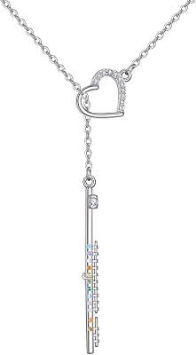 Flute Gifts Sterling Silver Flute Heart Y-Necklace Flute Jewelry for Women and Flute Lovers