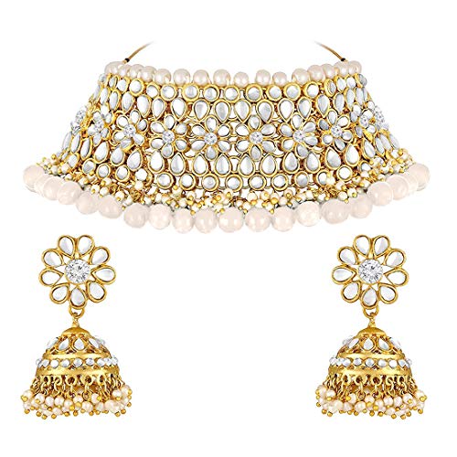 Aheli Elegant Indian Traditional Wedding Wear Kundan Pearl Encrusted Choker Necklace Set with Jhumki Earrings Ethnic Bollywood Party for Women White