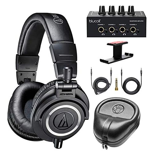Audio-Technica ATH-M50x Professional Studio Monitor Headphones Black Bundle with Blucoil 4-Channel Headphone Amplifier, Aluminum Headphone Hook, and Slappa Full-Sized HardBody Pro Headphone Case