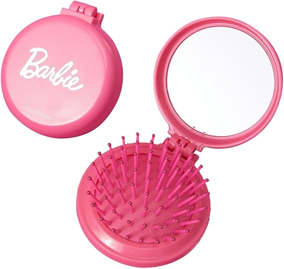 MINISO Barbie Portable Folding Mirror Comb for On-The-Go Styling | Compact Travel Hair Brush with Mirror | Fits in Pocket, Purse, Makeup Bag, Backpack | Detangling Comb for Women Quick Touch Ups