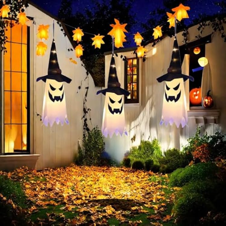 31.5 3Pcs Halloween Decorations Outdoor Indoor Hanging Ghosts Witch Hat, Glowing Witch Hat Halloween Ghost Decor for Room,Yard,Garden,Tree,Eaves,Party