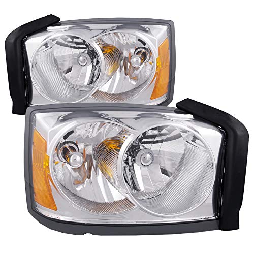 HEADLIGHTSDEPOT Chrome Housing Halogen Headlights Compatible With Dodge Dakota 2005-2007 Includes Left Driver and Right Passenger Side Headlamps