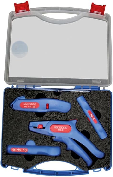 WEICON Professional Starter Kit 4 – teilig| Removal Toolkit for Car House Installation Wire Stripper No. 5 Coax Stripper No. 2 Cable Knife No. s 4-28 Rundkabelstripper No. 13 Stripper Entmanteln Case TÜV/Blue/Red/100% Made in Germany