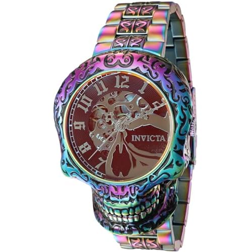 Invicta Mens 50mm Artist Series Skull Automatic Skeletonized Dial Iridescent Stainless Steel Bracelet Watch