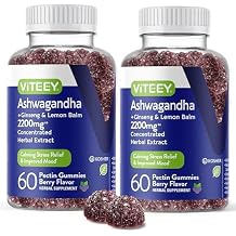 Viteey Ashwagandha Gummies with Ginseng & Lemon Balm - Mood, Calm & Stress Support Ashwagandha Supplements - Vegan, Gluten-Free - 120 Count