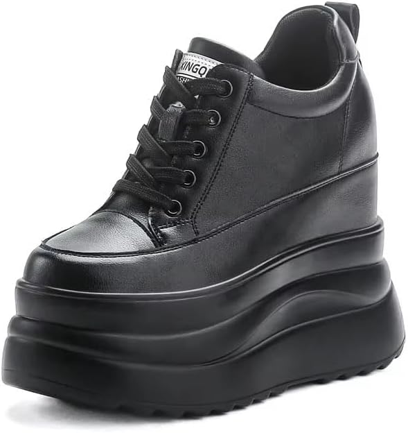 5 inch Black White Platform Sneakers for Women- 8cm Chunky Sole 5cm Hidden Wedge Heel-Leather Chunky Platform Shoes for Female Footwear