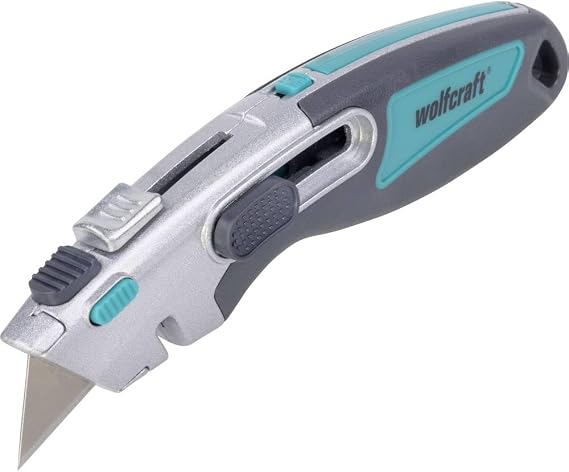 wolfcraft Dual Trapezklingenmesser 4106000 – Scharfe Trapezklinge für Hand- und Heimwerker – inkl. Autolock- und Sicherheitsfunktion Metallgehäuse mit ergonomischer Softzone Seilschneider und Blattmagazin mit 3 Ersatzklingen