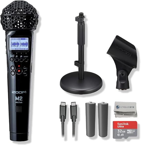 Zoom M2 32-Bit Float Stereo Recorder Bundle with GFW-MIC-0501 Cast-Iron Desktop Stand, 32GB microSDHC Card, and 5-Pack AAS Self-Contained Mic Kit for Songwriting, Journalism, Voice Over
