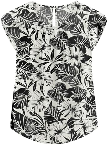 TASAMO Women's Casual Round Neck Basic Pleated Top Cap Sleeve Curved Keyhole Back Chiffon Blouse