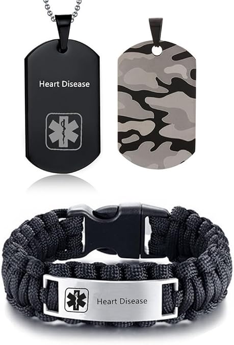 Free Engraving Medical Alert ID Necklaces and Bracelets Set for Men Stainless Steel Medic Identification Pendant Necklace Camouflage Dog Tag & Paracord Rope Cuff Bracelet Allergy Awareness Jewelry