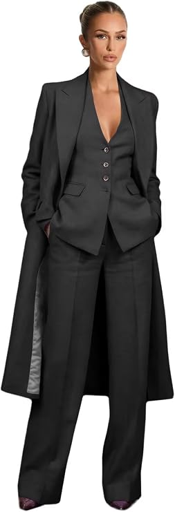 Linen Womens Suit Plus Size 3 Piece Womens Suits Business Long Blazer Vest Pants Funeral Black V Neck Tuxedo for Women Size XX-Large