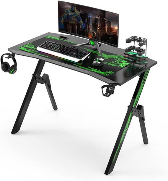 Bestier Gaming Desk with LED Lights,Gaming Desk Computer Desk Cup Holder,Headset Hook with Robust Metal and Wood Computer Desk for Gaming and Office,Red-L 110CM, Green