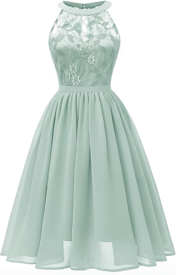 Women Vintage Halter Neck Floral Lace Hi-Lo Backless Bridesmaid Dress A-Line Short Prom Retro Cocktail Formal Swing Dress