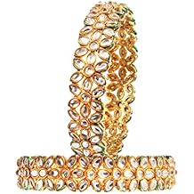 JewarHaat Indian Bollywood Faux Kundan Studded Rhinestone Gold Plated Royal Style Bangles for Women & Girls (2pc Flower kundan kada, 2.8)