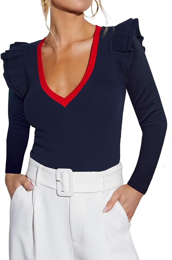 Ezbelle Women's Long Sleeve V Neck Ruffle Shirts Ribbed Knit Blouses Sxey Trendy Fall Tops 2026 Fashion