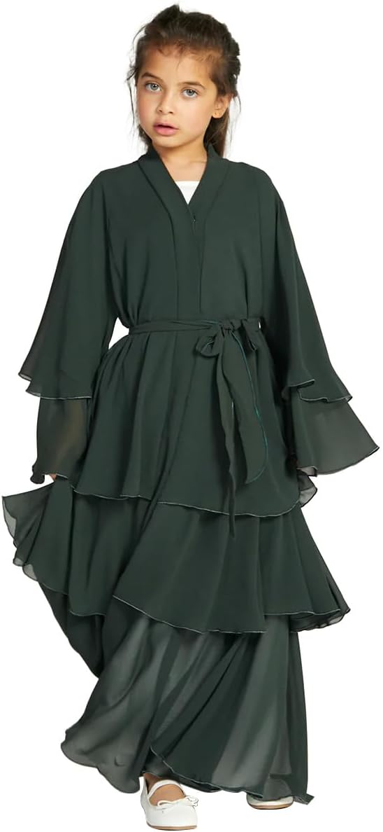 IDOPIP Muslim Girls Abayas Dress for Kids Long Sleeve Chiffon Islamic Kaftan Robe Open Front Cardigan Prayer Dress with Hijab