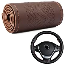 DEEYOTA Car Steering Wheel Cover Universal Fit Round Stitch Steering Wheel Wrap Thin PU Leather Steering Wheel Cover Sewn on 15" Car Wheel (Coffee)