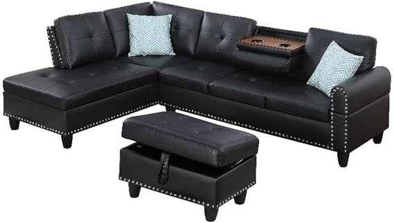 Devion Furniture Transitional PU Faux Leather Sectional Sofa with Lift-top Storage Ottoman, for Living Room in Black Finish