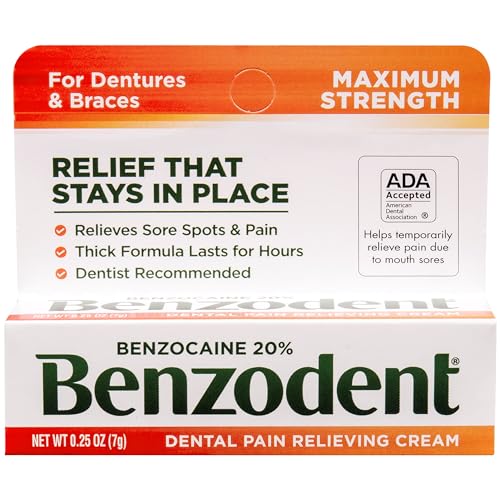 Benzodent Maximum Strength Dental and Oral Pain Relieving Cream for Dentures, Mouth Sores, and Braces, Long lasting Topical Anesthetic, 0.25 oz