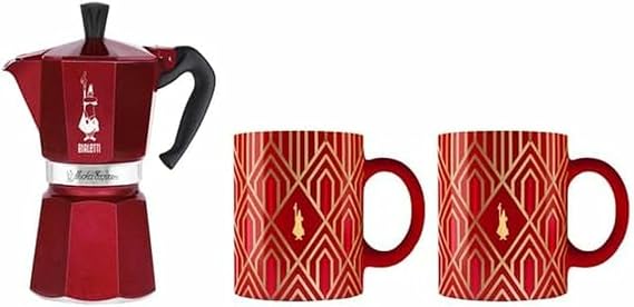 Bialetti Mocha Express 0009910 6 Cups Red + 2 Glamorous Deco Mugs