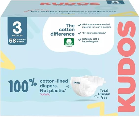 Kudos Chlorine Free Premium Diapers - Cotton-Lined - Size 3, 58 Count, 14-24 lbs