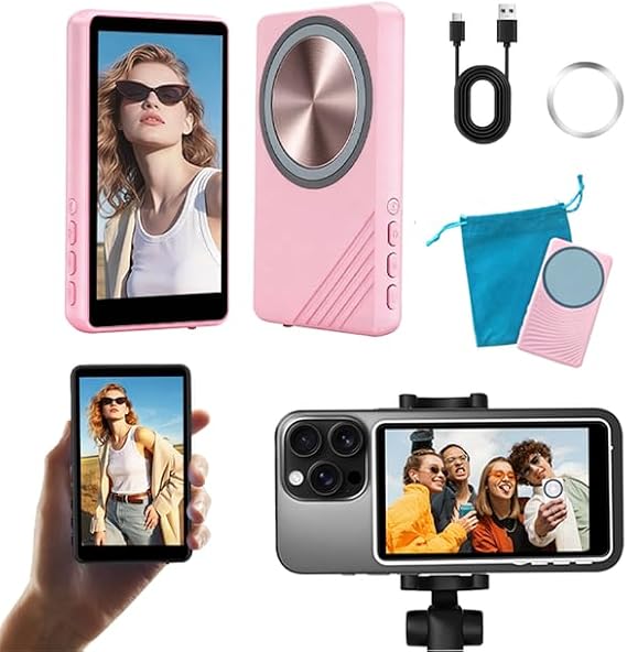Selfie Monitor Screen iPhones-Magnetic Phone Selfie Monitor Screen 4KBluetooth Remote Back Camera Monitor Suitable for Selfie Vlog and TikTok Snaplylens for iPhones (Photo Button-Pink)