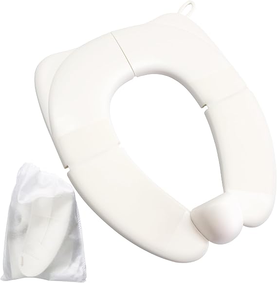 Portable Folding Toilet Seat for Kids, Travel Potty Training Helper, Training Urine Anti Slip Toilet Seat Cover with Splash Guard Includes Free Storage Bag, Fits Most Toilets - White