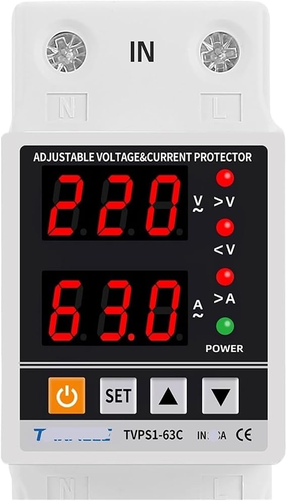Dual Display 40A 63A 230V DIN Rail Adjustable Digital Over/Under Voltage Relay Surge Protector Limit Overcurrent Protection(80A)