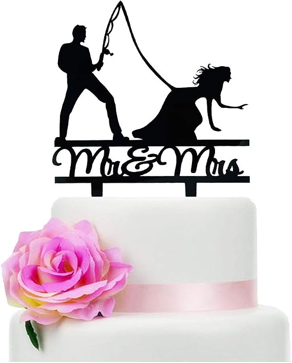 YzYbuaego Fishing Wedding Cake Topper, Black Mr & Mrs Cake Topper, Fishing Theme Wedding/Engagement/Bridal Shower Decoration (Couple)