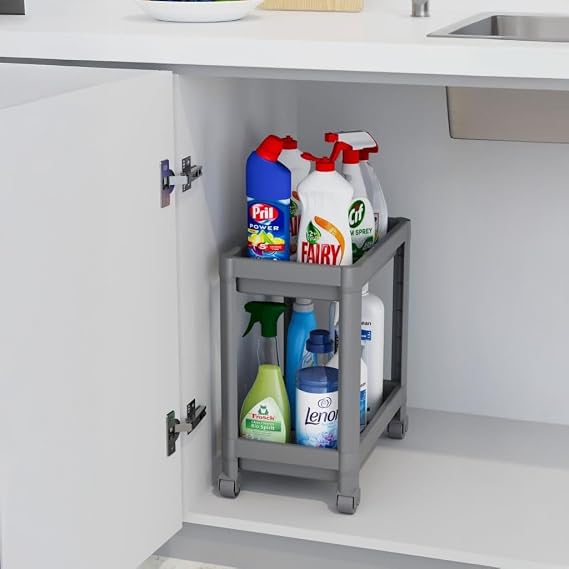 Deconox 2 Katlı Tekerlekli Tezgah Altı Düzenleyici, Mutfak, Banyo, Ardiye ve Depo için Yer Tasarruflu Depolama Rafı | Kompakt ve Pratik Tasarım (40x36x23cm) (GRİ)