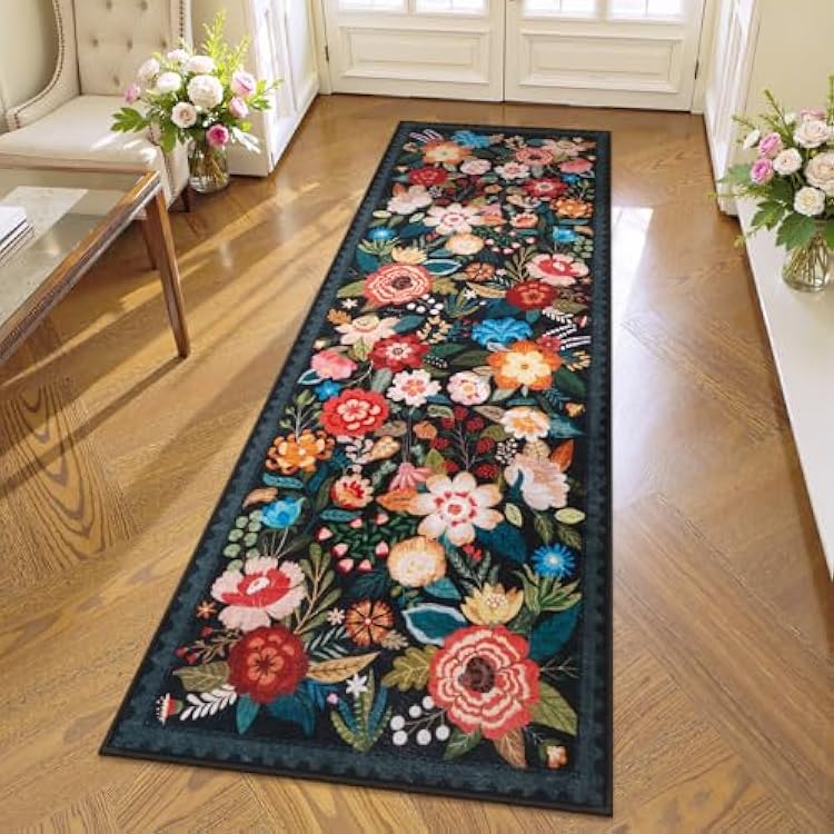 2x6 Black Entryway Runner Rugs Washable Non Slip Runners Rug for Bathroom Hallway Kitchen Bedroom Laundry Entry, Stain Resistant Soft Low Pile Thin Rugs, Boho Colorful Floral Whimsical Indoor Decor