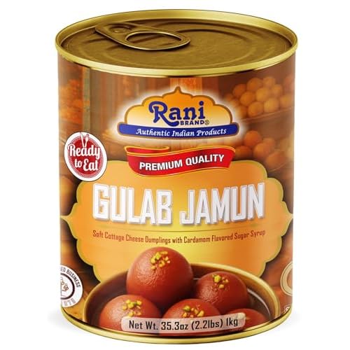 Rani Gulab Jamun Round w Cardamom Flavored Sugar Syrup 35.3oz 2.2lbs 1kg, Approximately 14 pieces, Easy Open Lid ~ Ready to eat | Non-GMO | Kosher | Indian Origin