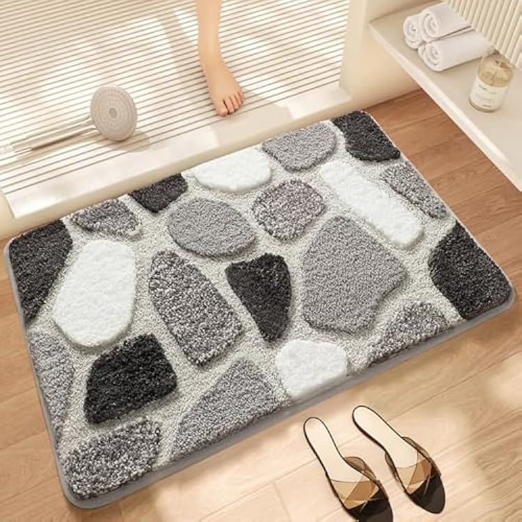 3D Pebbles Fluffy Bathroom Rugs Water Absorbent Microfiber Bath Rugs for Bathroom Non Slip Soft Bathtub Mat Shower Rug Cozy Cute Bath Mats Shaggy Indoor Rug Entry Door Mat Gray, 16x24in
