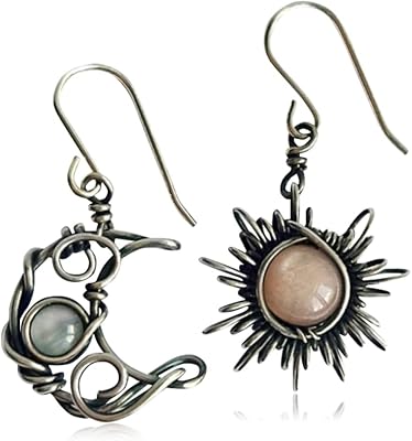 SUKKCCNO Vintage Opal Sun and Moonstone Drop Moon Dangle Earrings 925 Sterling Silver Boho Natural Stone Asymmetrical Pendant Earrings Handmade Hollow Hook Earring Jewellry Gift for Women
